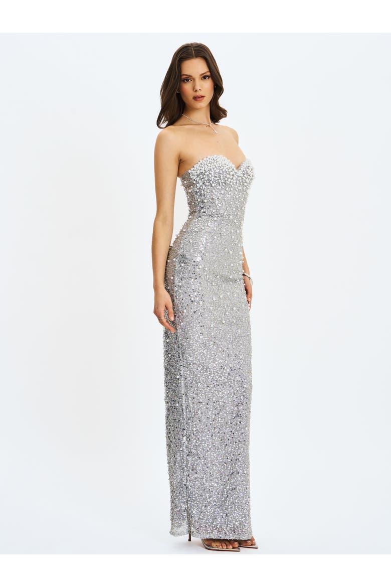 Noelle Sequin Pearl-Embellished Sweetheart Maxi Dress, Alternate, color, Silver