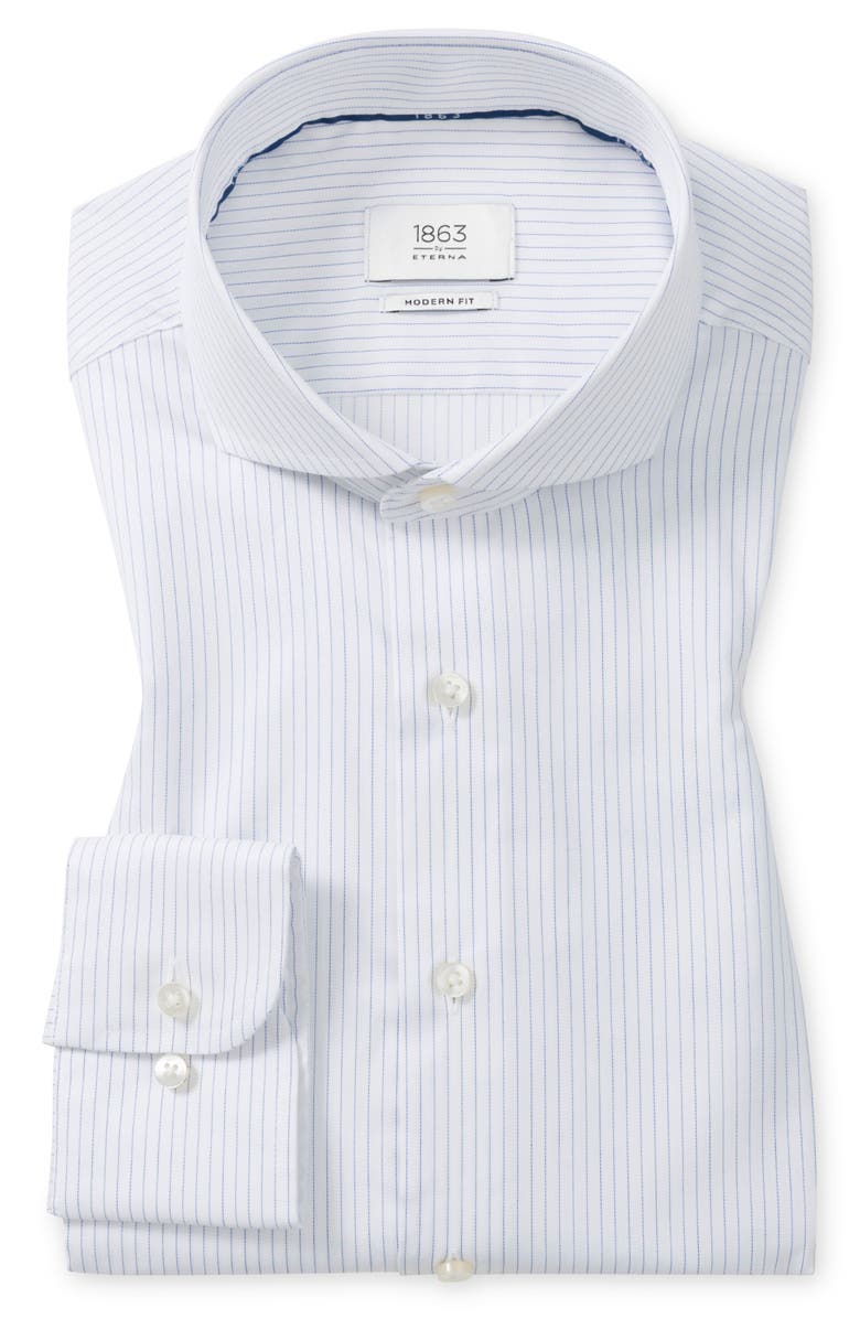 1863 by Eterna Slim Fit Stripe Cotton Twill Dress Shirt, Main, color, White/ Blue