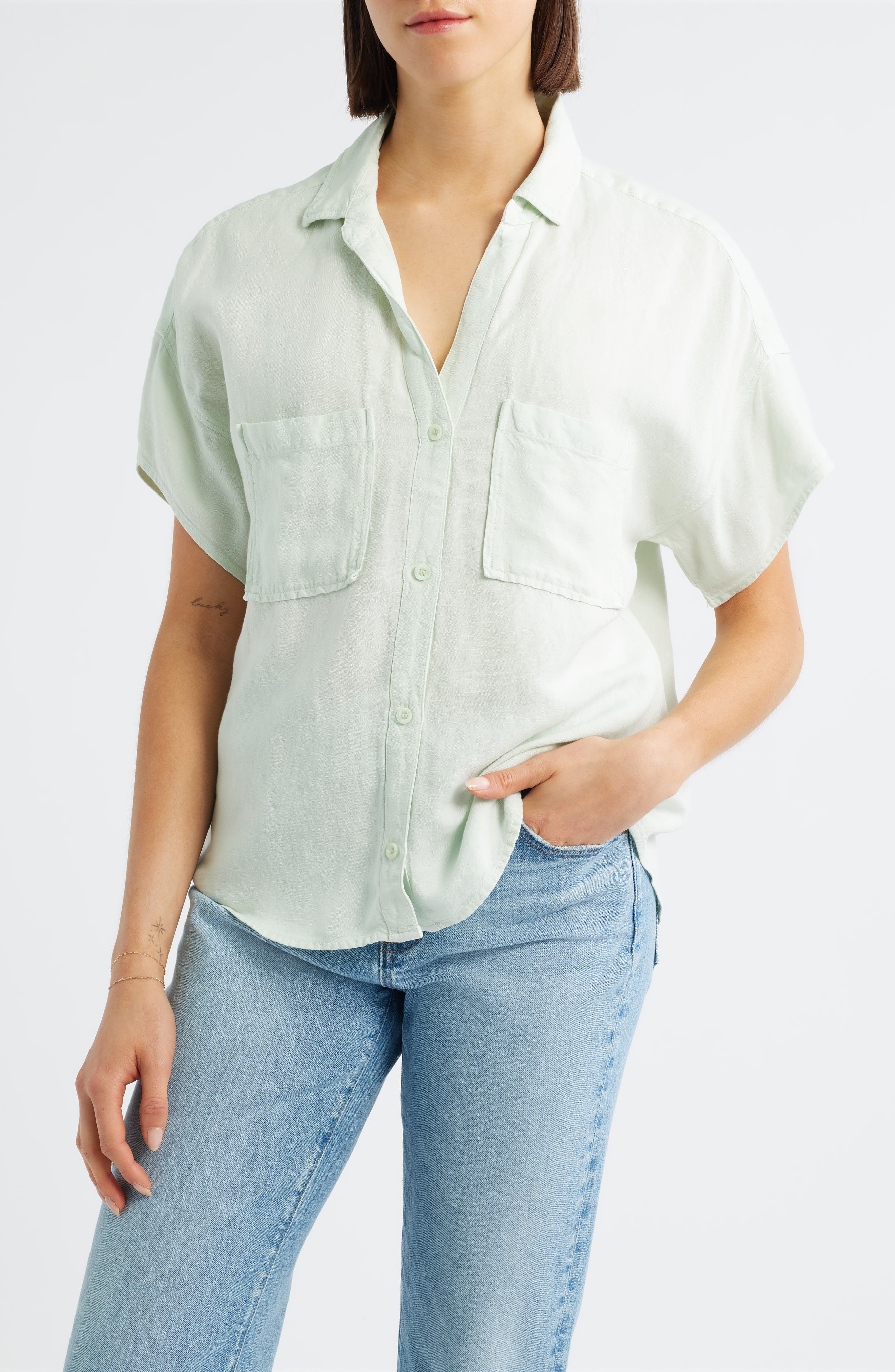 Cloth & Stone Linen Blend Short Sleeve Button-Up Shirt in Soft Mint 