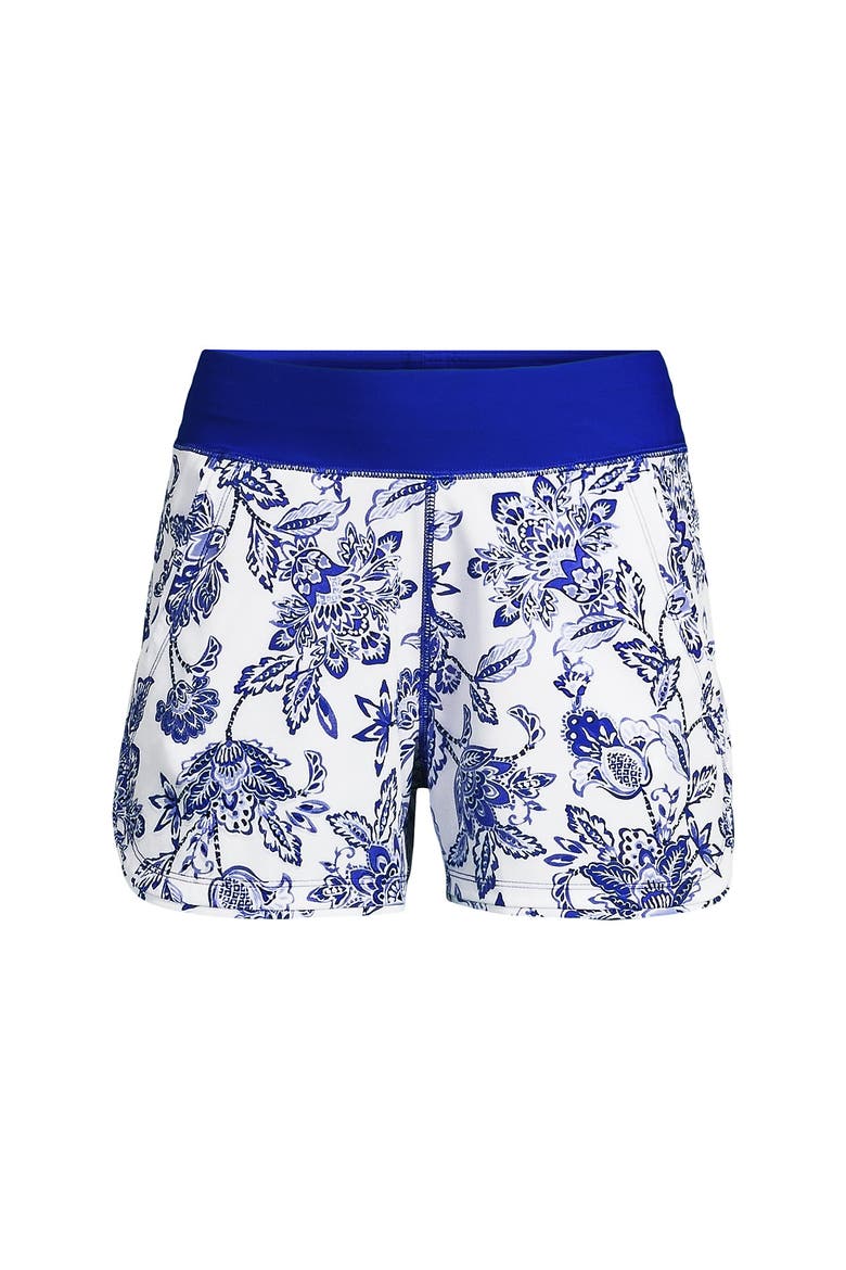 3" Quick Dry Elastic Waist Board Shorts Swim Cover-up Shorts with Panty, Alternate, color, White/Blue Vintage Floral