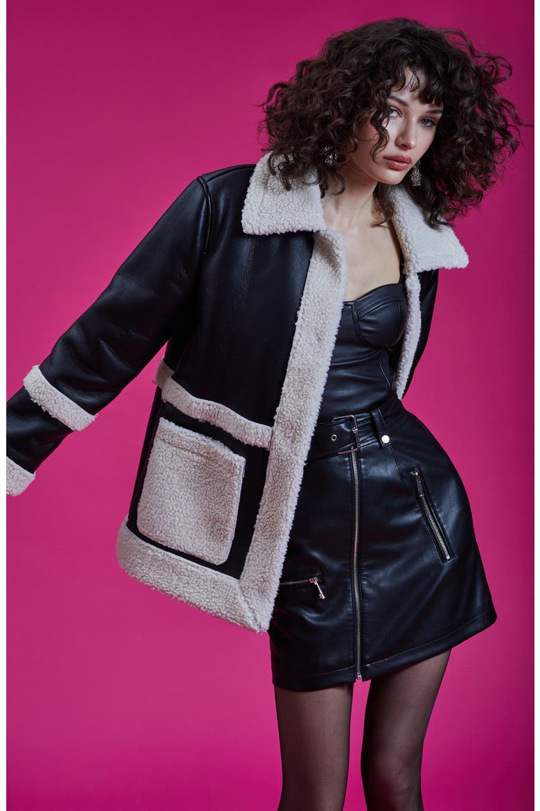 Faux Leather Snap Coat with Faux Shearling Trim, Alternate, color, BLACK/ CREAM