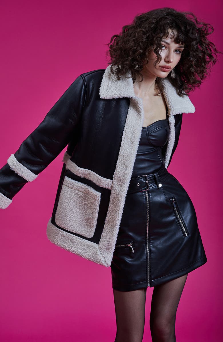 Avec Les Filles Faux Leather Snap Coat with Faux Shearling Trim, Alternate, color, 