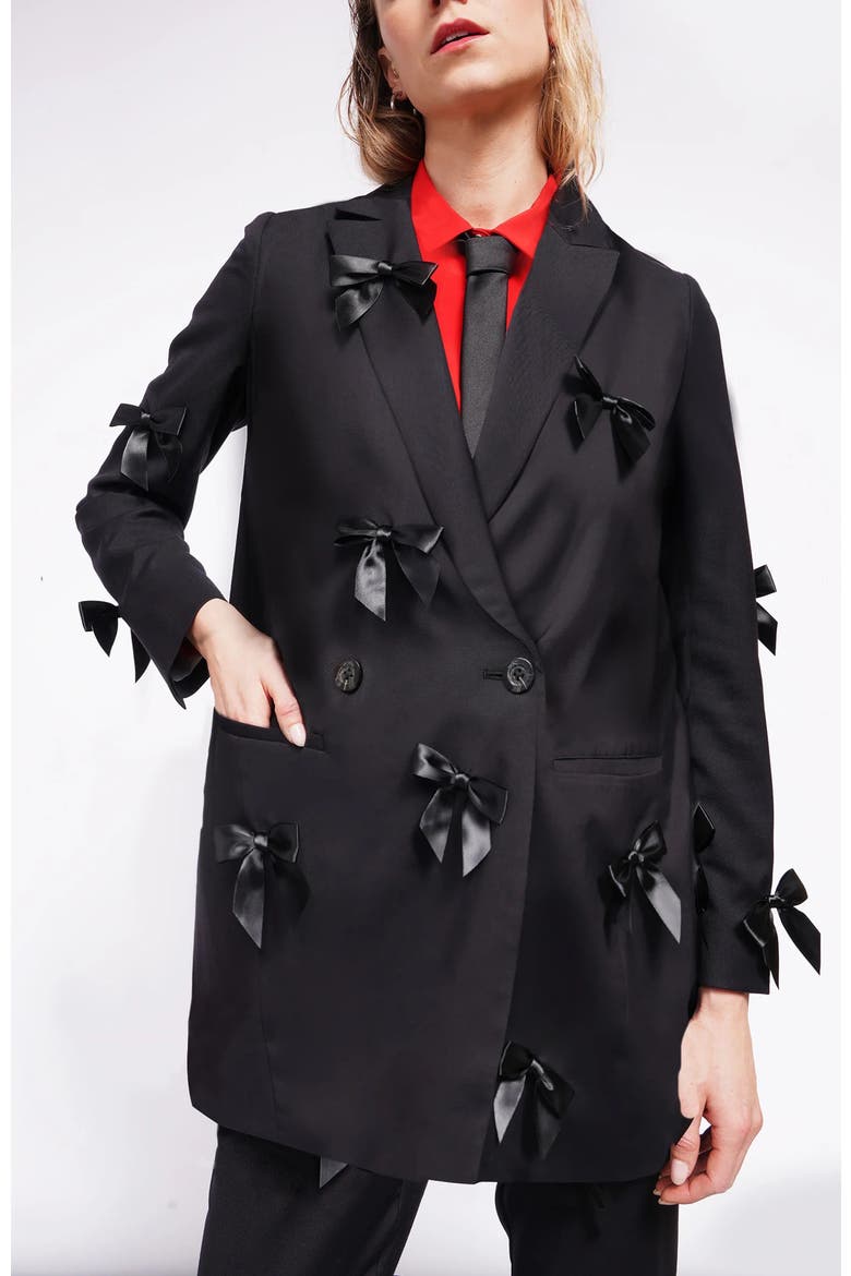 The Empower Bows Double Breasted Blazer, Main, color, BLACK
