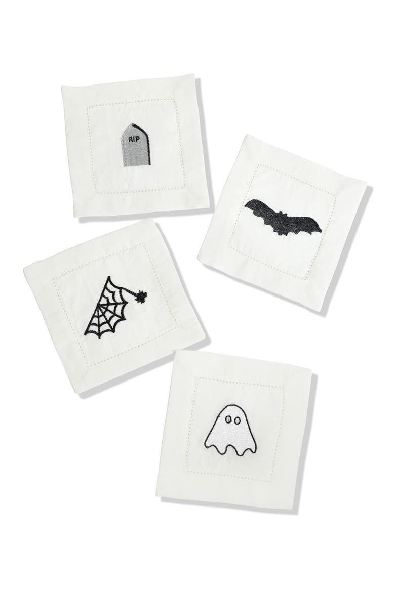 Deadly Drinks Embroidered Linen Cocktail Napkins, Main, color, BLACK/ BLACK/ GOLD