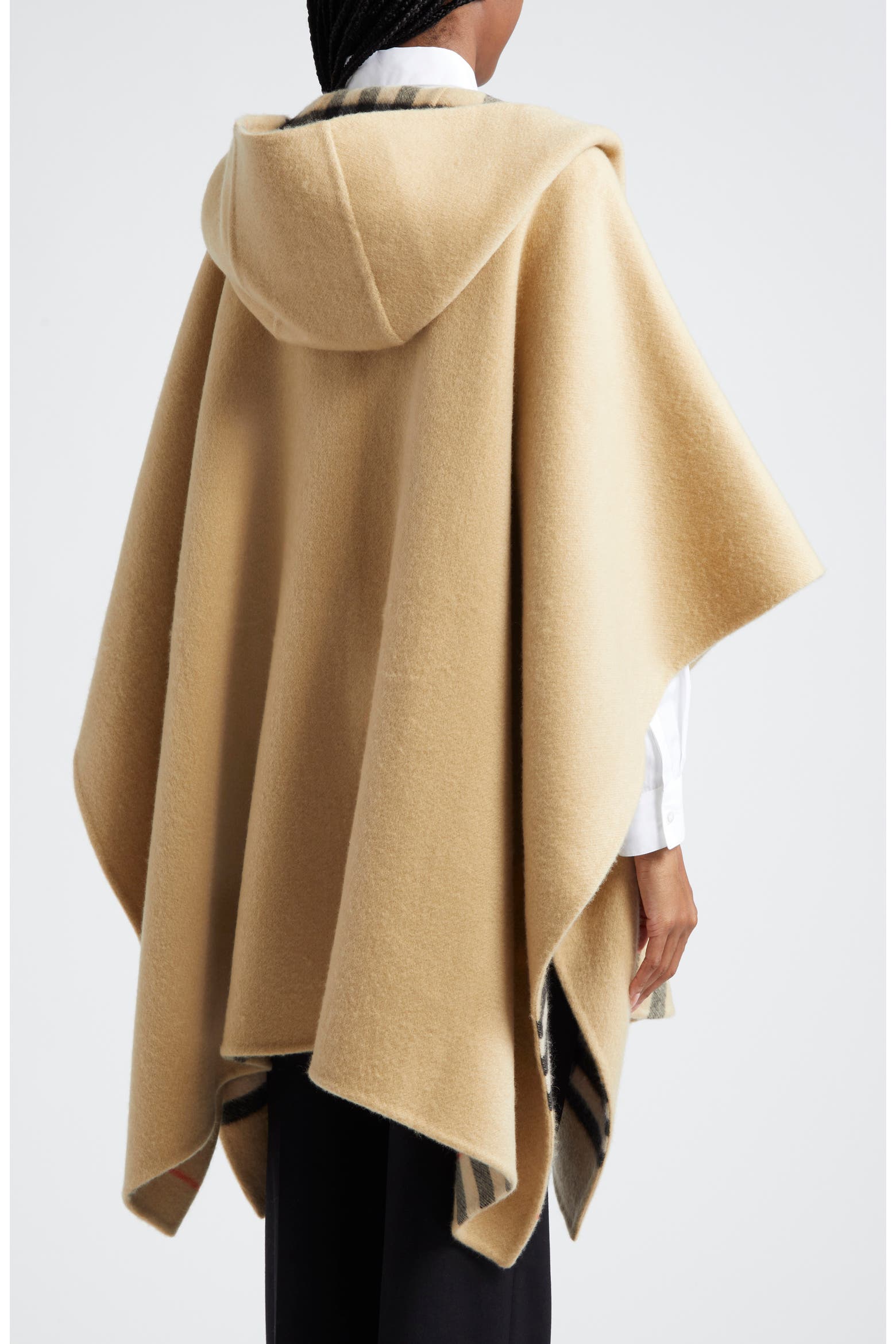 Return Delivery Note Process Burberry Check/EKD Reversible Hooded Cashmere Cape (Women) | Nordstrom