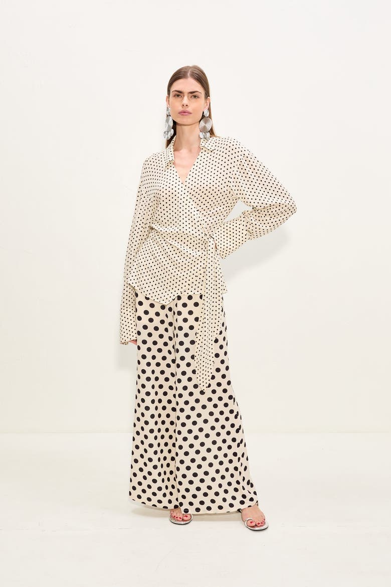 Anya Crepe Wrap Top, Alternate, color, Macadamia/Black Polka Dot