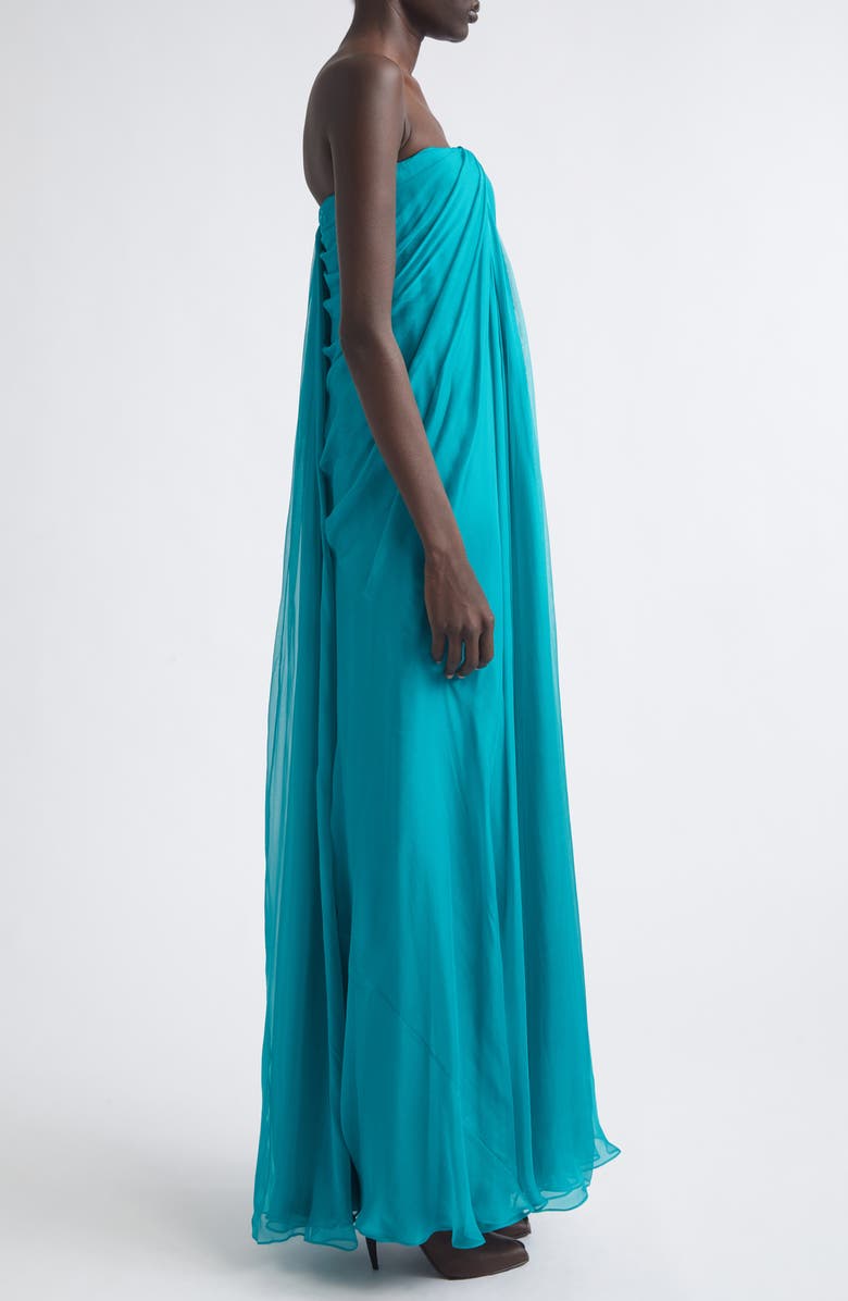 McQueen Draped Strapless Silk Chiffon Gown, Alternate, color, Peacock