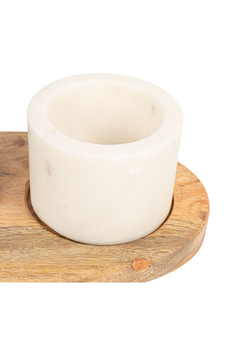 Round Marble Bowls on Mango Wood Tray with Brass Salt Spoon, White and Black, Set of 2, Alternate, color, White