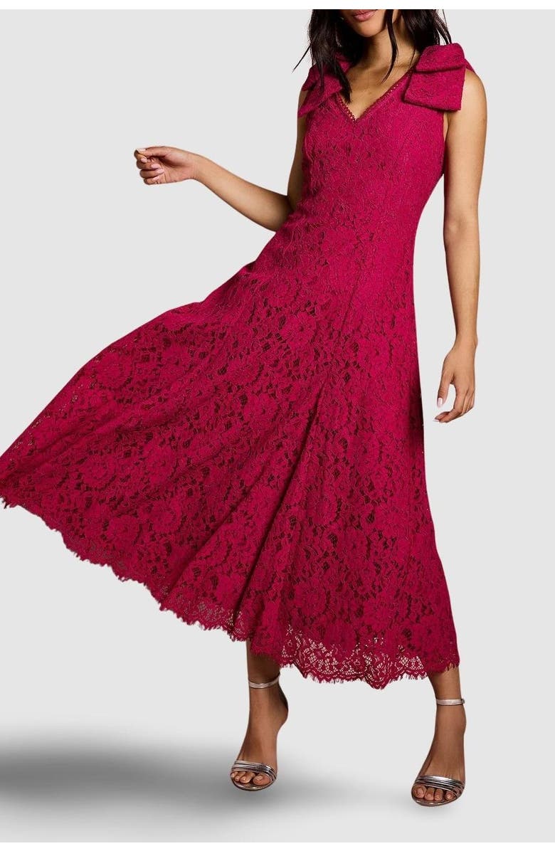 Coast Bow Shoulder V Neck Lace Midi Dress, Alternate, color, Burgundy