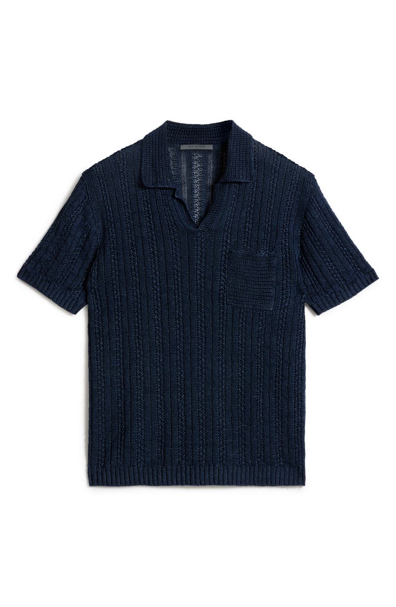 John Varvatos Odin Short Sleeve Textured Linen Johnny Collar Sweater, Alternate, color, Navy
