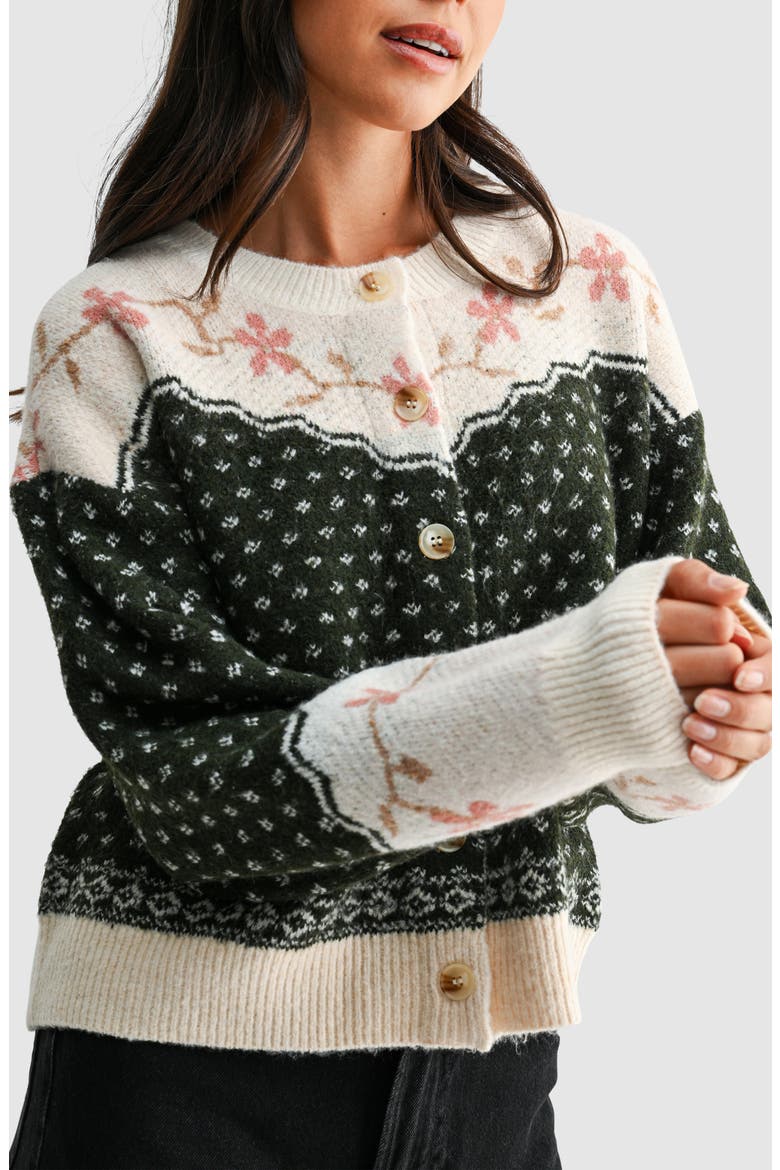 Fair Isle Floral Cardigan, Alternate, color, CREAM HUNTER GREEN