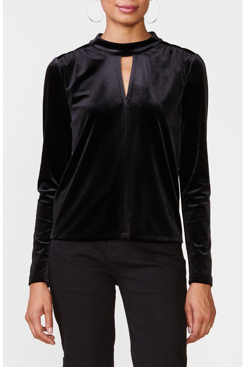Mock Neck Keyhole Stretch Velvet Top, Main, color, BLACK