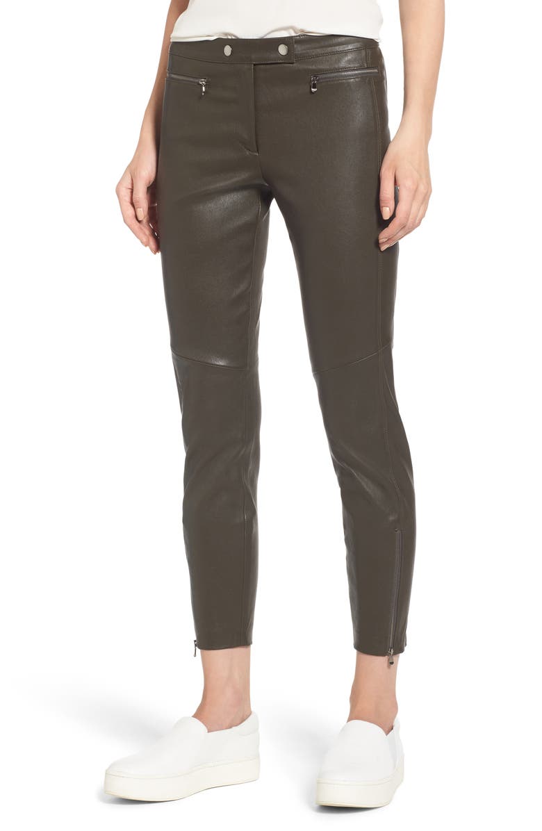 Nordstrom Signature Stretch Leather Biker Pants, Main, color, Olive Sarma