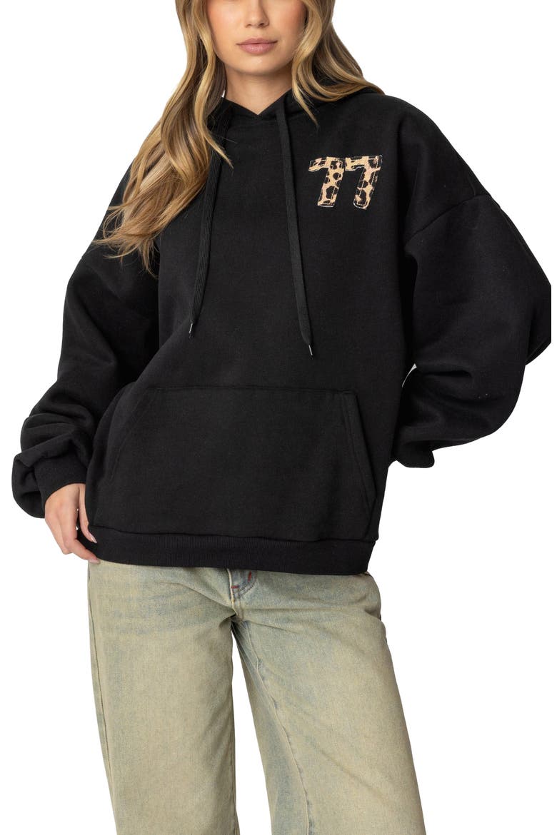 Leopard 77 Oversize Hoodie, Main, color, BLACK