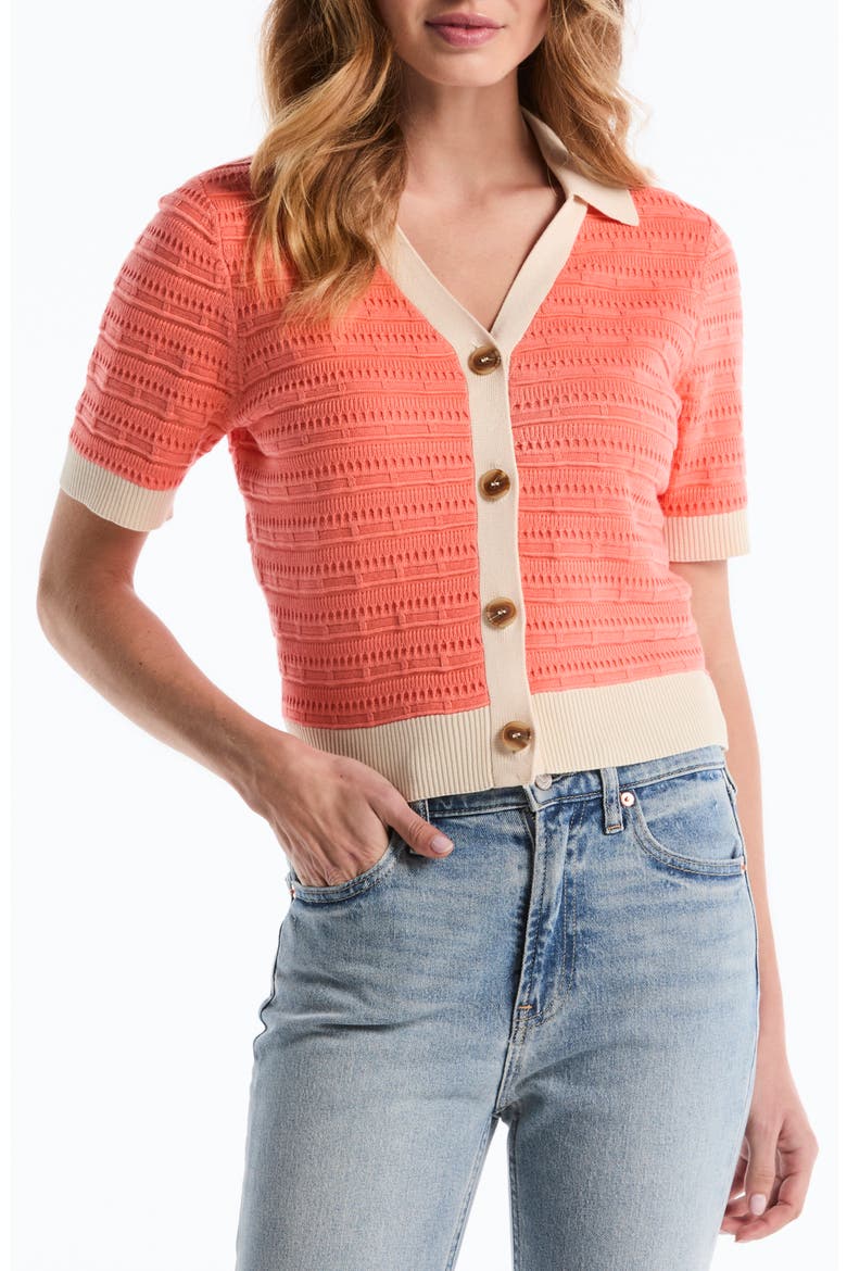 Textured Polo Cardigan, Main, color, FUSION CORAL