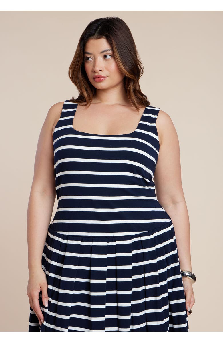 ELOQUII Striped Drop-Waist Bubble Maxi Dress, Alternate, color, Navy Stripe