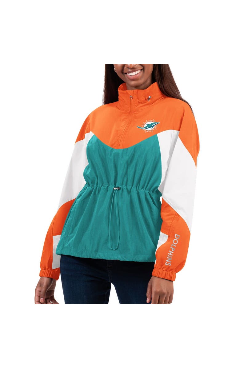 G-III 4HER BY CARL BANKS Women's G-III 4Her by Carl Banks Aqua/Orange Miami Dolphins Tie Breaker Lightweight Quarter-Zip Jacket, Main, color, Aqua