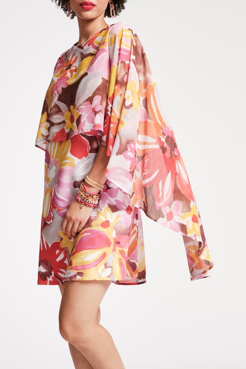 FRANCES VALENTINE FRANCES VALENTINE MINI CAPE DRESS SUN FLORAL POLY CHIFFON