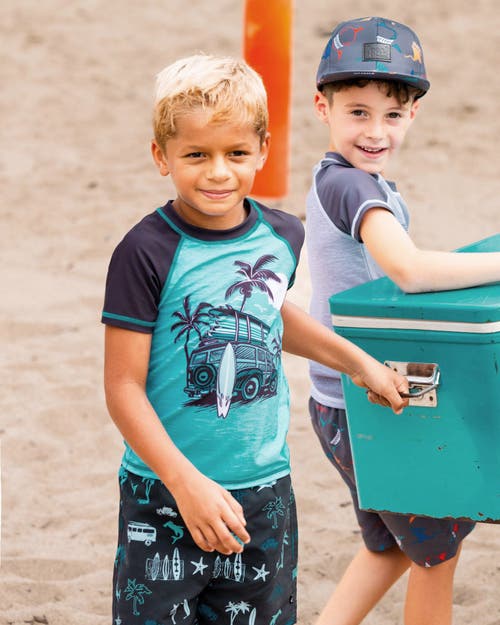 Deux Par Deux Boys' Short Sleeve Rashguard - Little Kid, Big Kid In Light Blue And Black