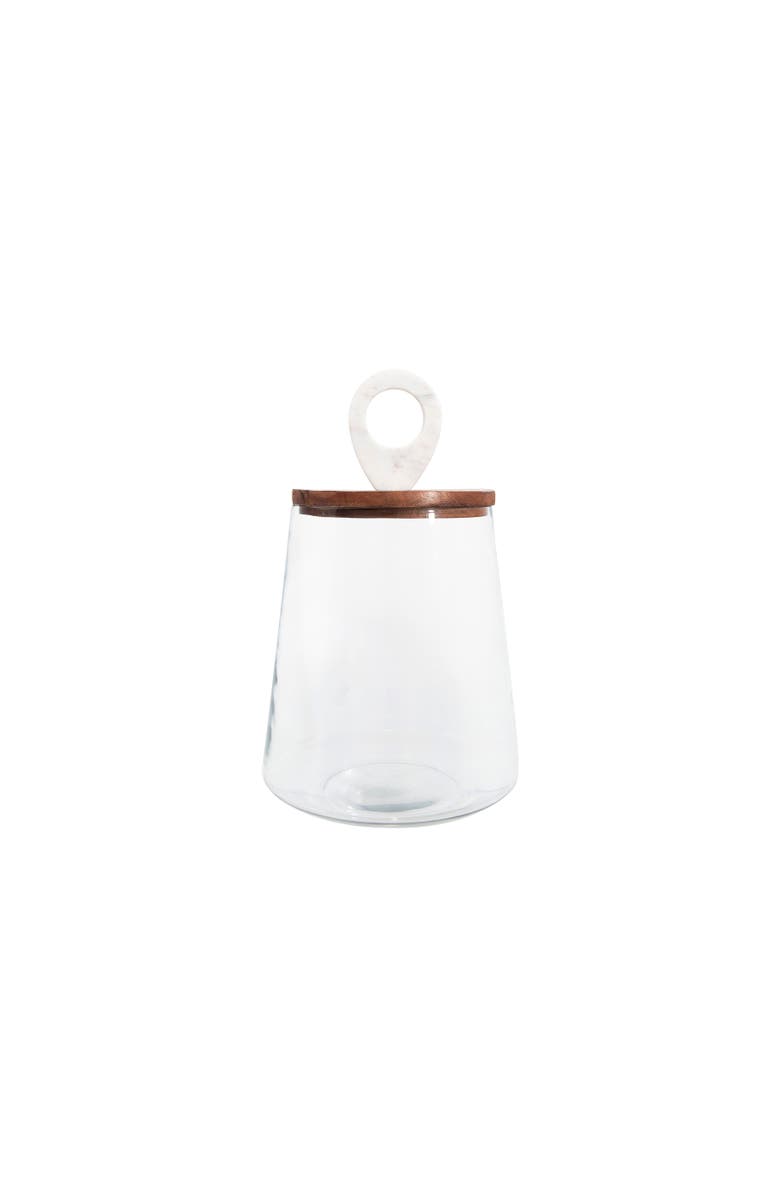 Storied Home Large Clear Glass Jar with Mango Wood & Marble Lid, Main, color, Clear