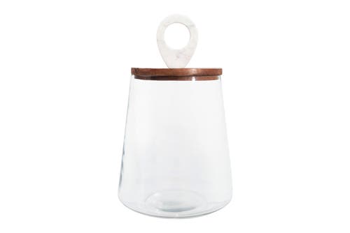 Storied Home Large Clear Glass Jar With Mango Wood & Marble Lid In Transparent