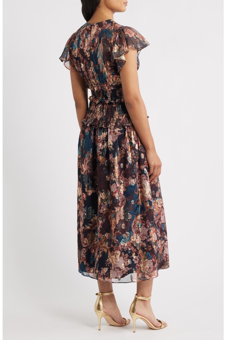 Metallic Floral Flutter Sleeve Midi Dress, Alternate, color, NAVY MULTI