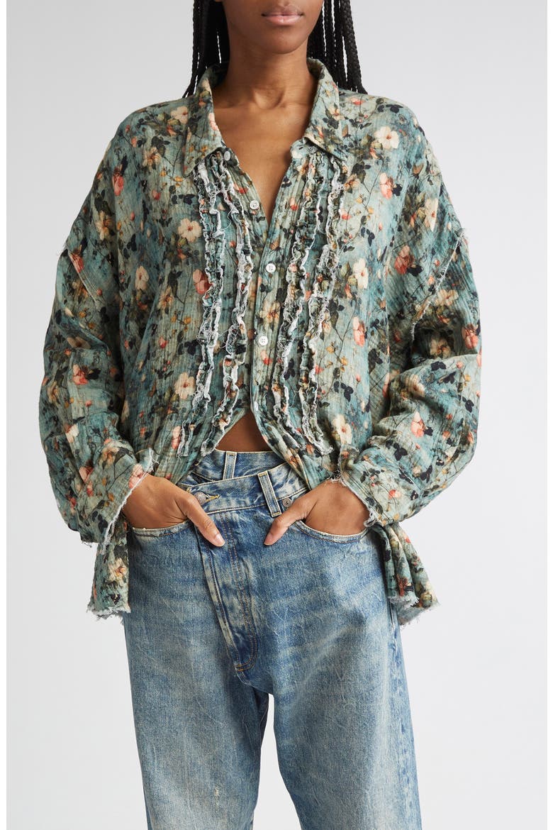 Shredded Seam Ruffle Button-Up Shirt, Main, color, TURQUOISE FLORAL