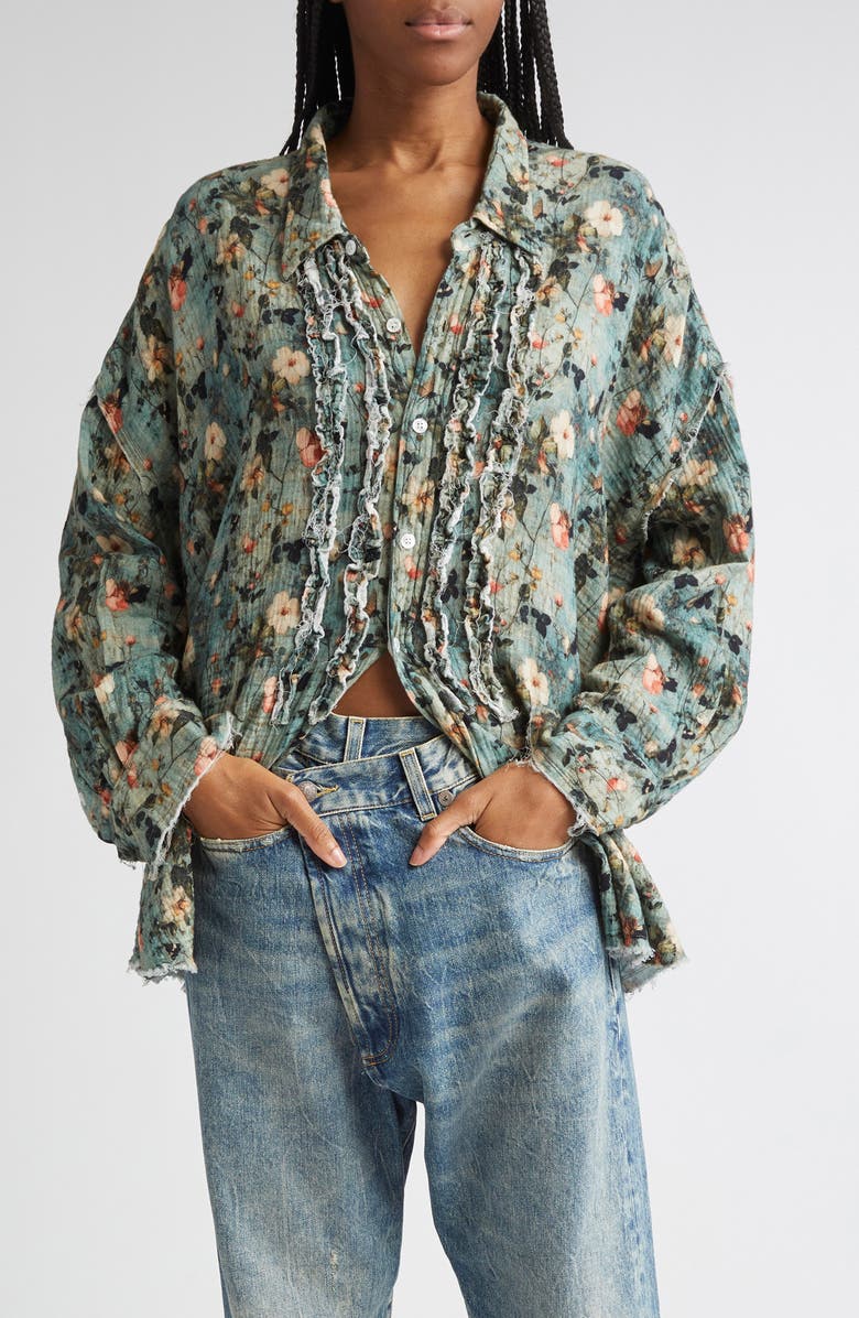 R13 Shredded Seam Ruffle Button-Up Shirt, Main, color, Turquoise Floral