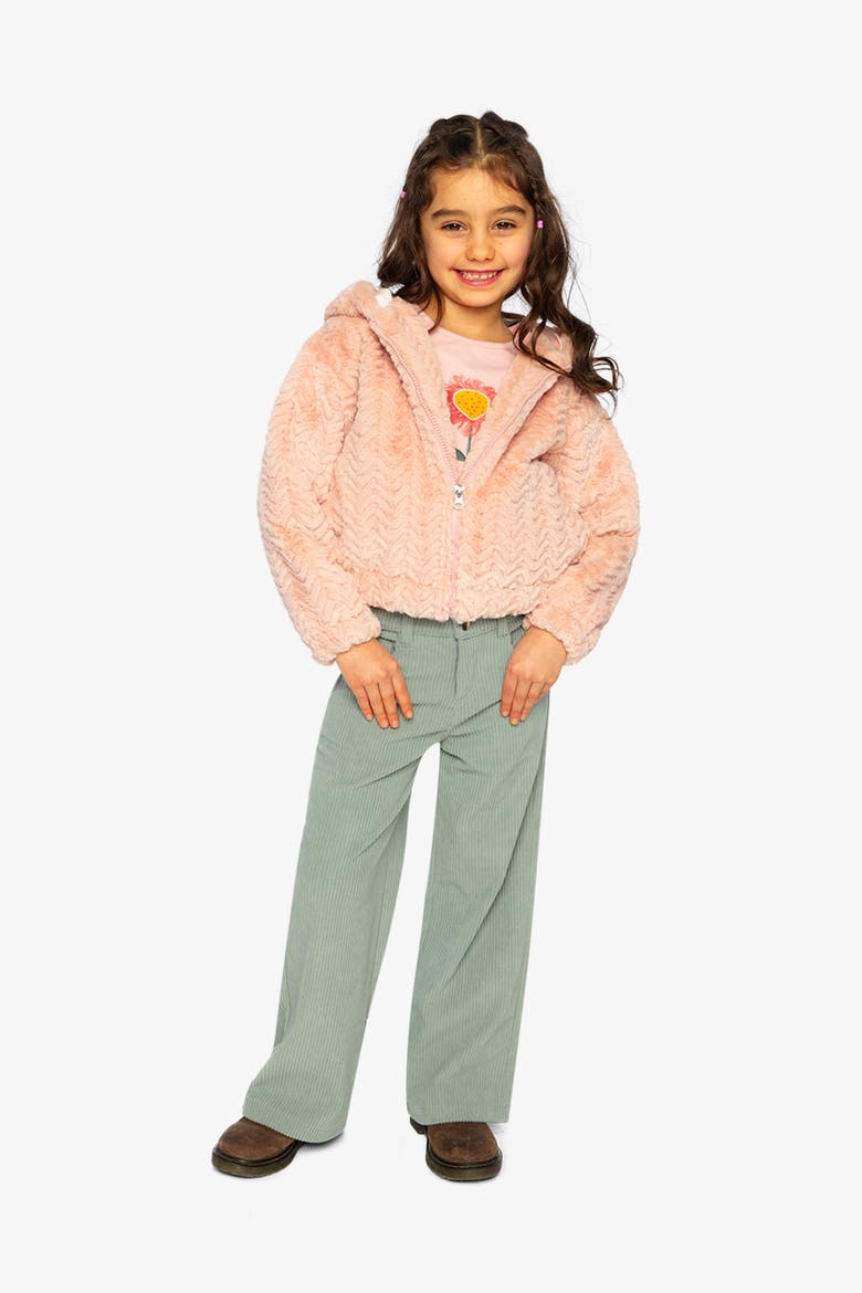 Faux Fur Hooded Chevron Texture Zip Cardigan, Alternate, color, Pink
