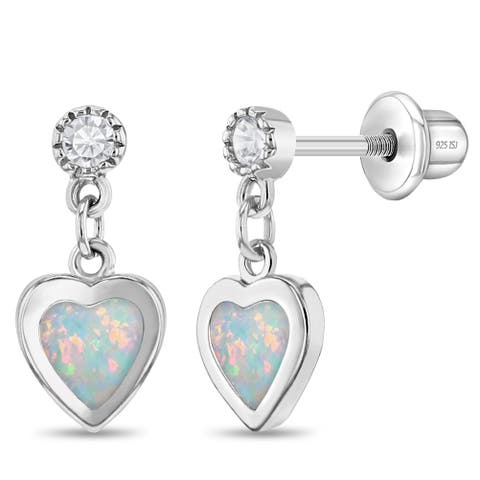Simulated Opal Heart Dangle Earrings