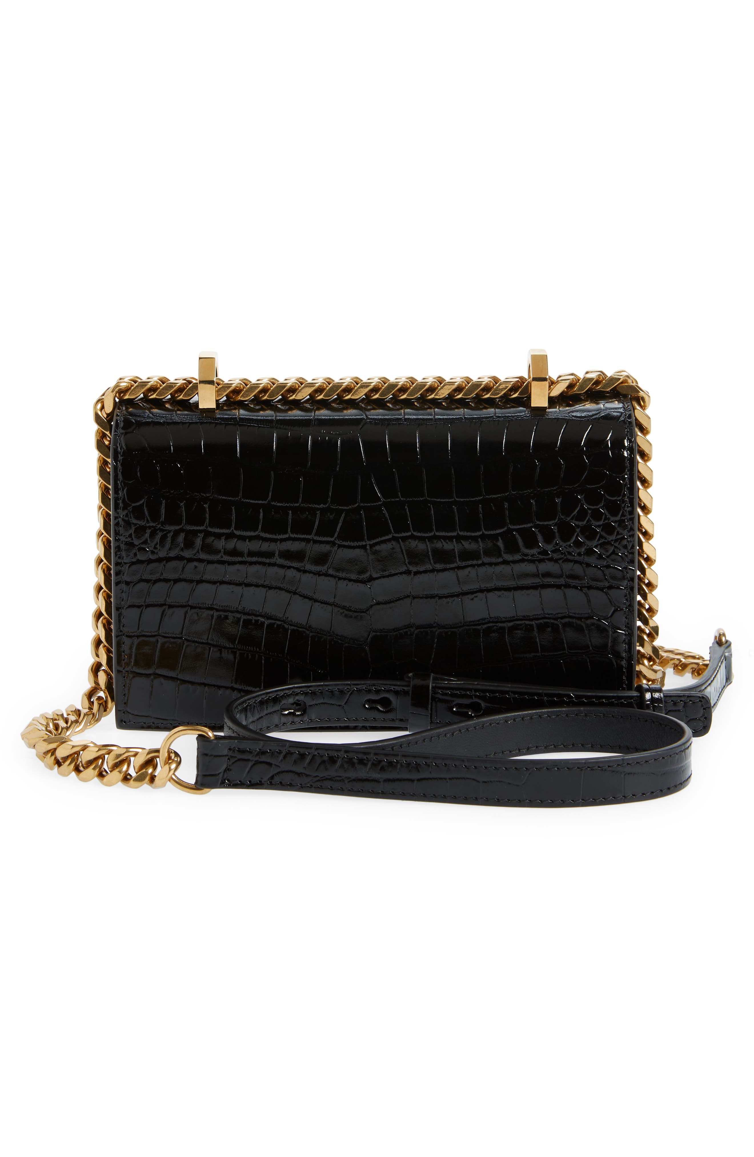 McQueen Alexander McQueen Mini Jeweled Croc Embossed Leather Satchel, Alternate, color, Black