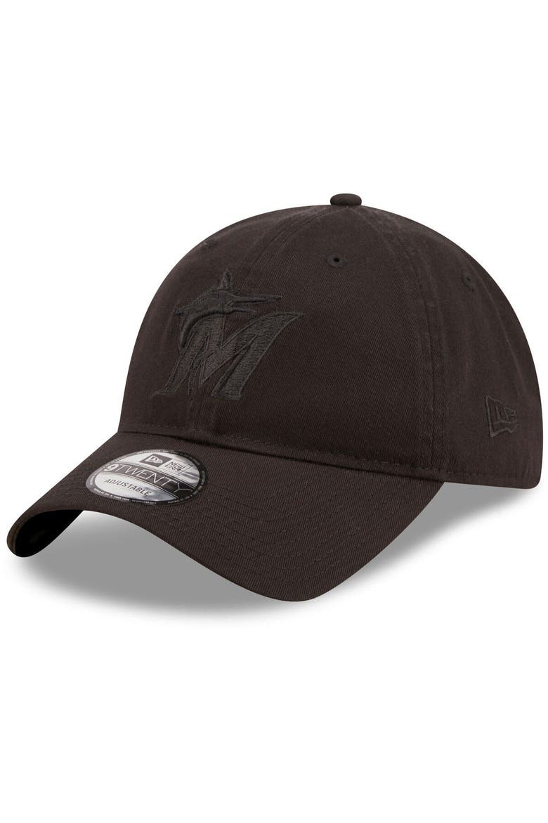 Men's New Era Miami Marlins Black On Black Core Classic 2.0 9TWENTY Adjustable Hat, Main, color, Black