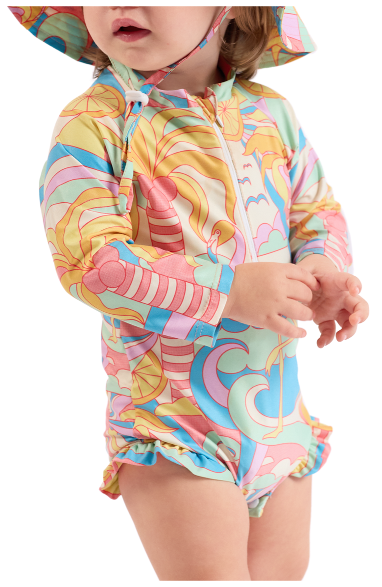 Kenny Flowers The Paradiso - Girls Rash Guard One Piece with Ruffle UPF 50+, Alternate, color, Yellow