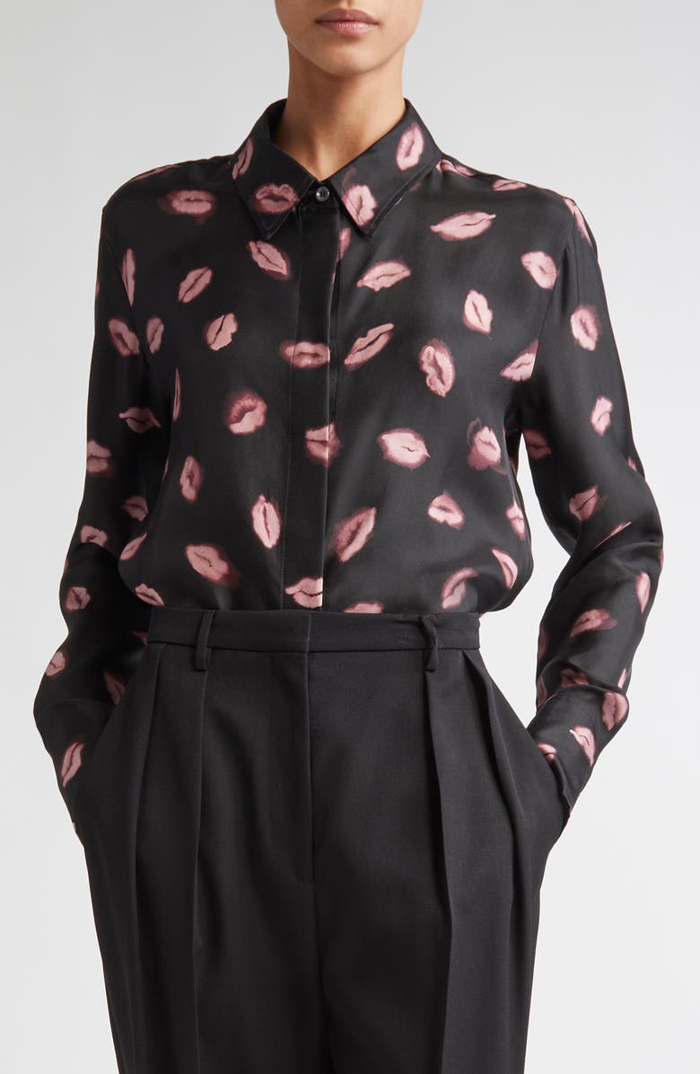 Altuzarra Chika Kisses Print Silk Chiffon Button-Up Shirt, Main, color, Black Kisses