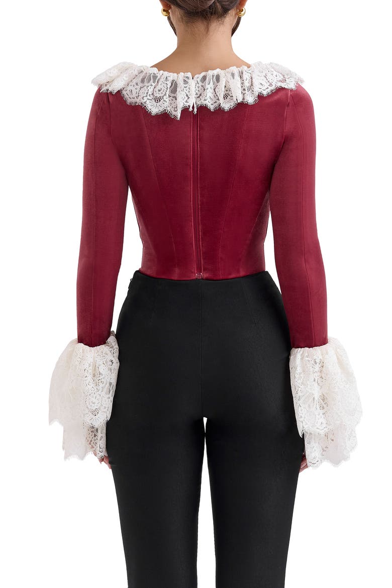 Jacinda Ruffle Velvet Corset Top, Alternate, color, CABERNET