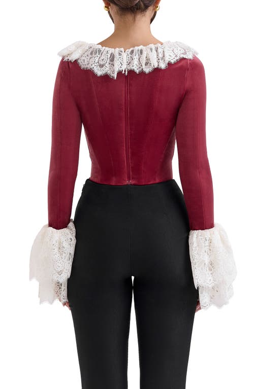 House Of Cb Jacinda Ruffle Velvet Corset Top In Cabernet