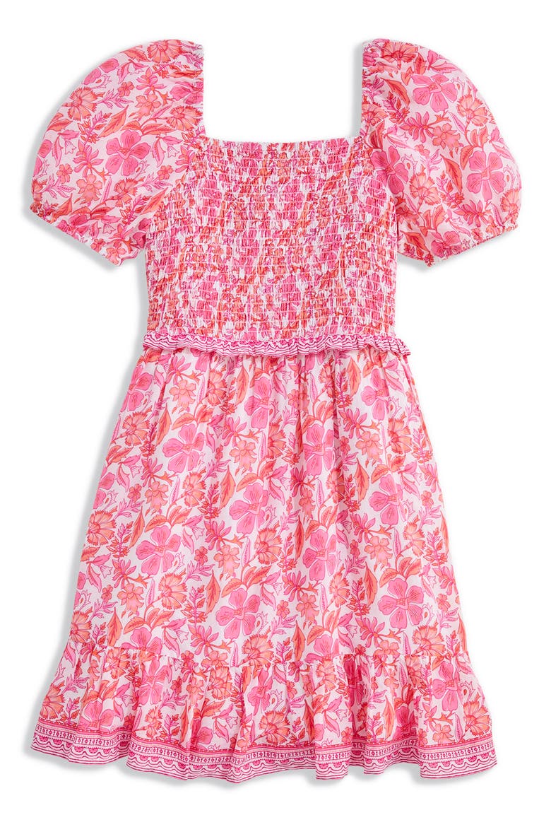 Kids' Smocked Bodice Puff Sleeve Cotton Blend Sundress, Main, color, ASHLEIGH FLORAL