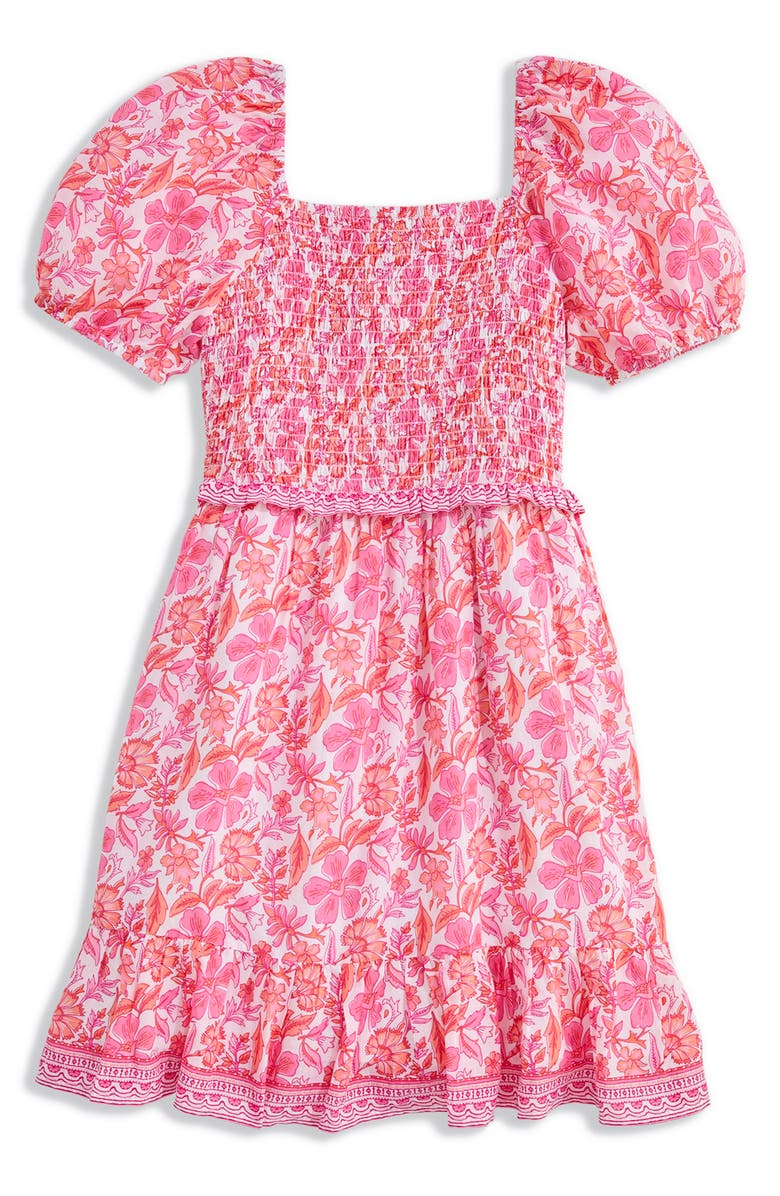 vineyard vines Kids' Smocked Bodice Puff Sleeve Cotton Blend Sundress, Main, color, Ashleigh Floral