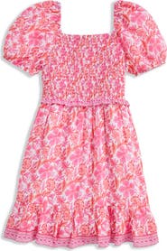 vineyard vines Kids' Smocked Bodice Puff Sleeve Cotton Blend Sundress