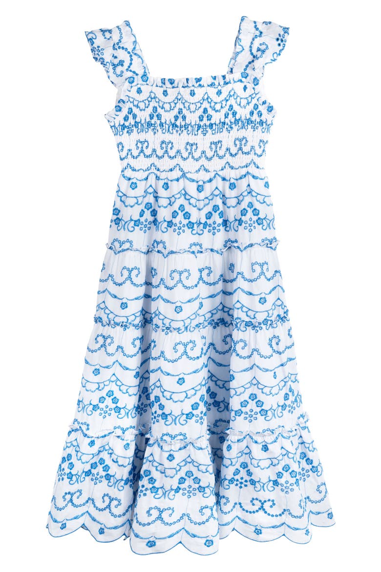 Kids' Floral Embroidered Tiered Dress, Alternate, color, BLUE