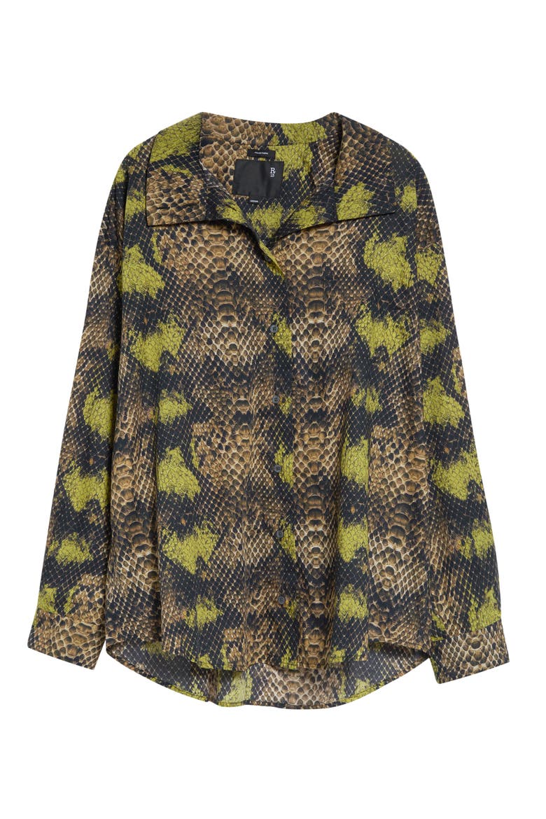 Tall Collar Boyfriend Button-Up Shirt in Faux Snakeskin, Alternate, color, BROWN GREEN SNAKE