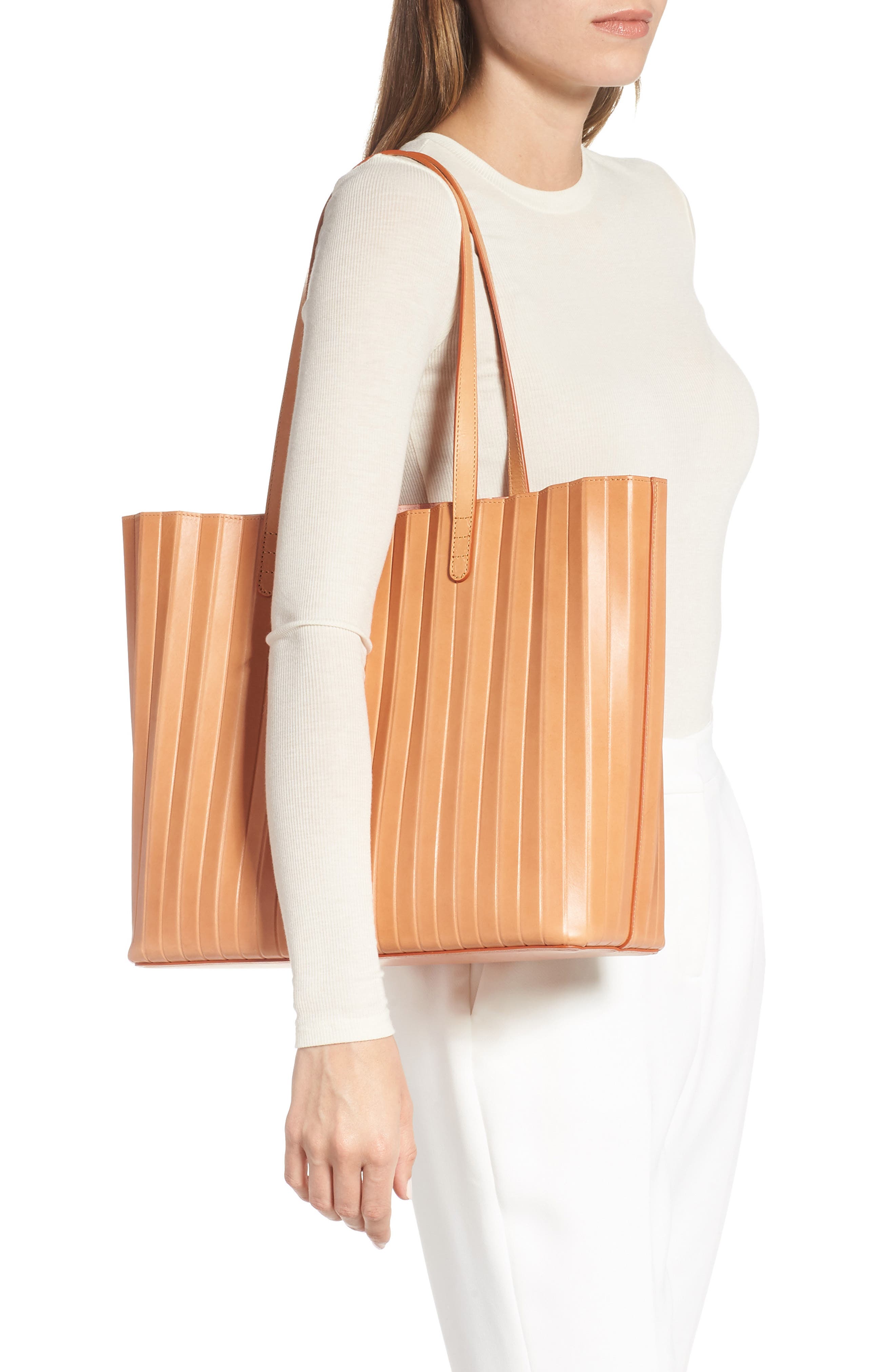 Pleated Leather Tote, Alternate, color, CAMELLO/ ROSA