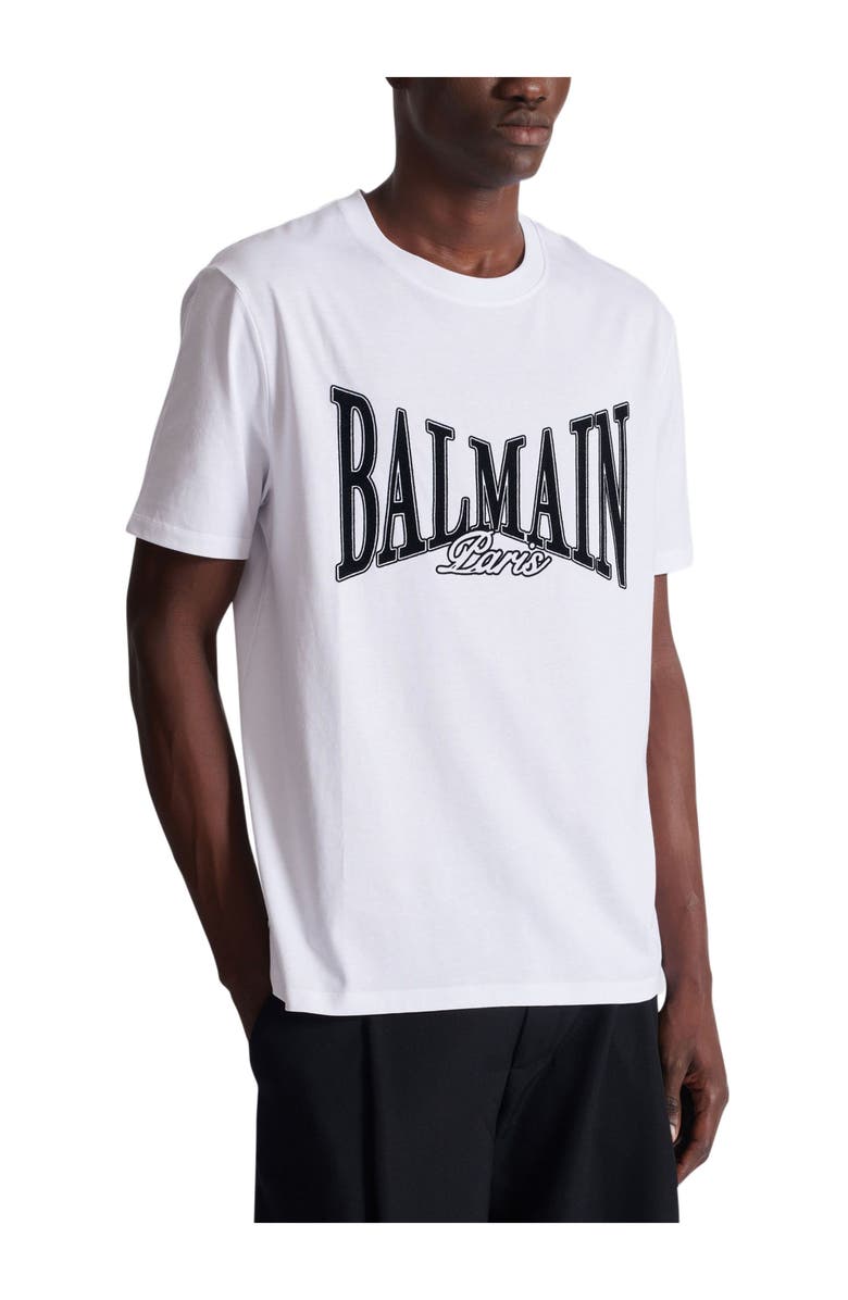 Balmain Short-sleeved T-shirt with flocked Balmain College print, Alternate, color, White