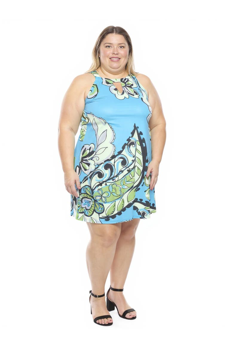 Plus Size Paisley Knee Length Paisley Sleeveless Keyhole Dress, Alternate, color, Blue Multi