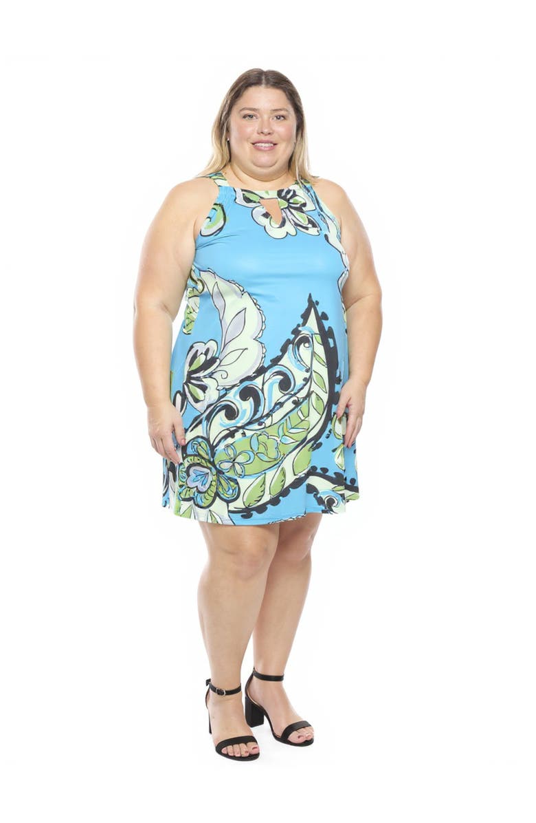 24seven Comfort Apparel Plus Size Paisley Knee Length Paisley Sleeveless Keyhole Dress, Alternate, color, Blue Multi