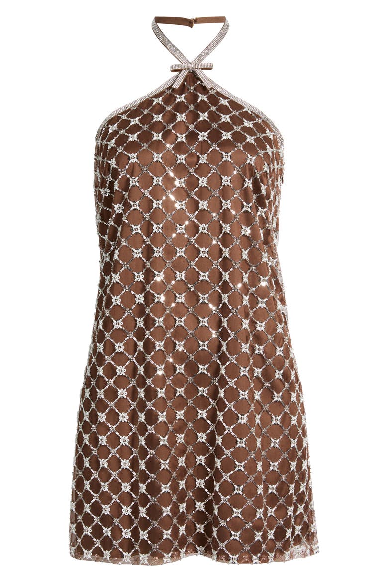 Cinna Embellished Halter Minidress, Alternate, color, CHOCOLATE