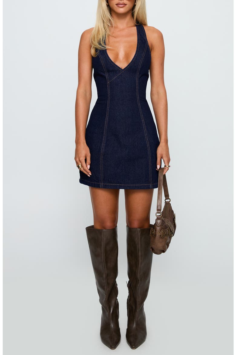 Say Goodnight Denim Halter Minidress, Main, color, MID WASH