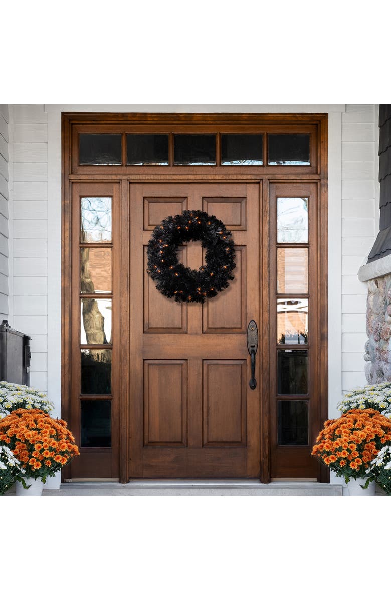 Northlight Pre-Lit Noble Spruce Artificial Halloween Wreath - 24" - Black - Orange Lights, Alternate, color, 
