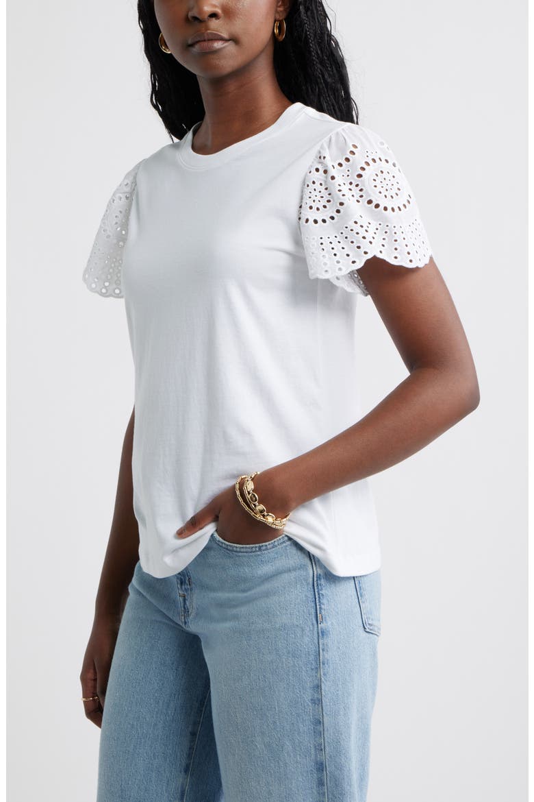 Eyelet Sleeve Mixed Media T-Shirt, Alternate, color, WHITE