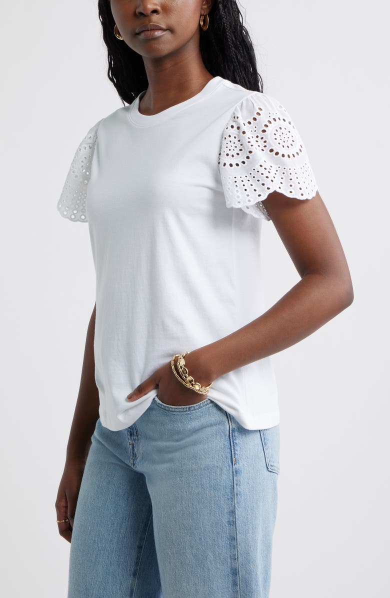Caslon<sup>®</sup> Eyelet Sleeve Mixed Media T-Shirt, Alternate, color, White